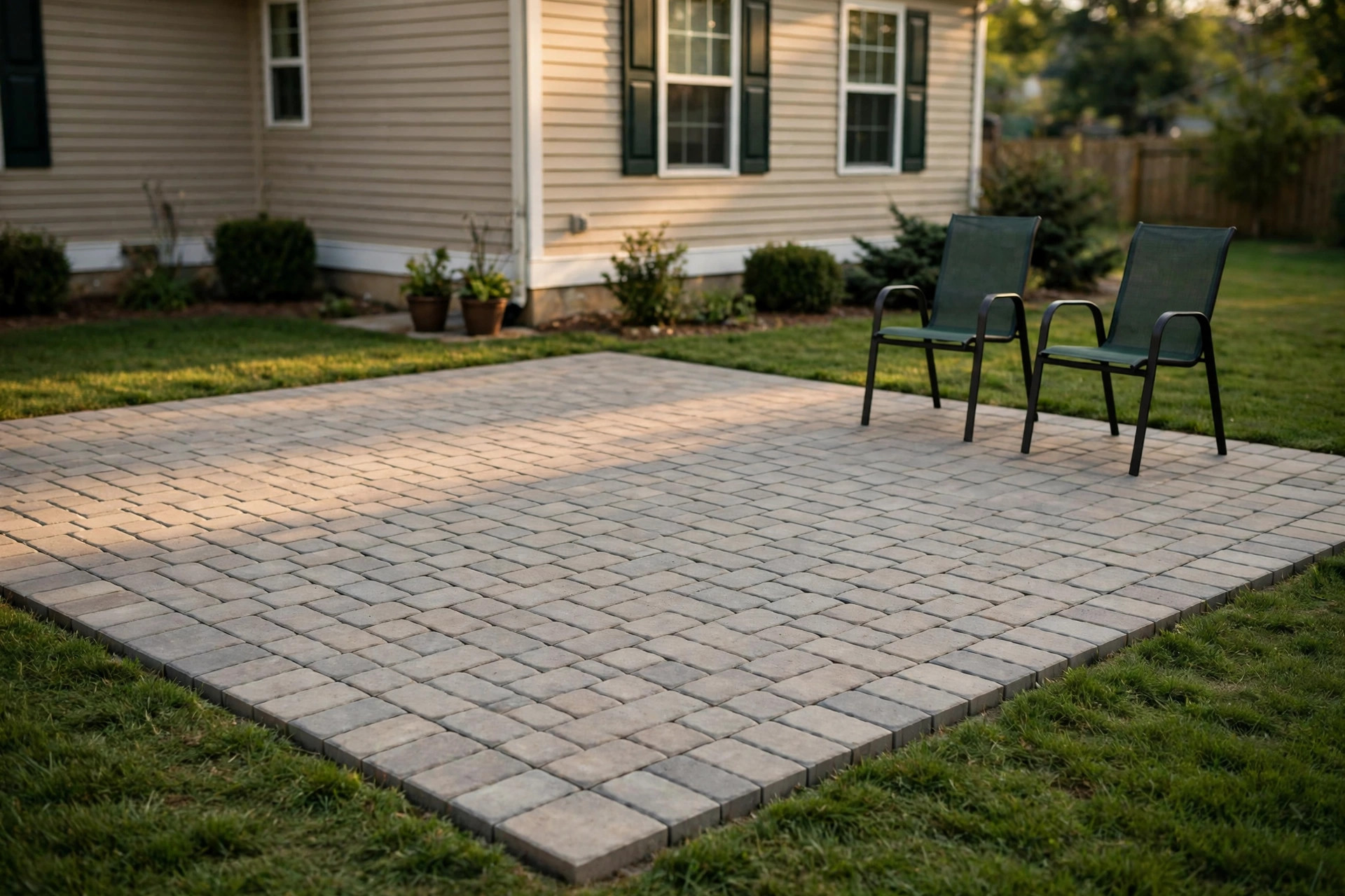 A finished paver patio with a clear pattern and edging, beside a lawn and planting