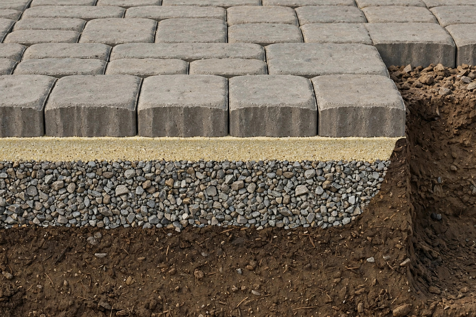 A cross-section view of a paver patio showing the pavers, bedding layer and compacted stone base above the soil