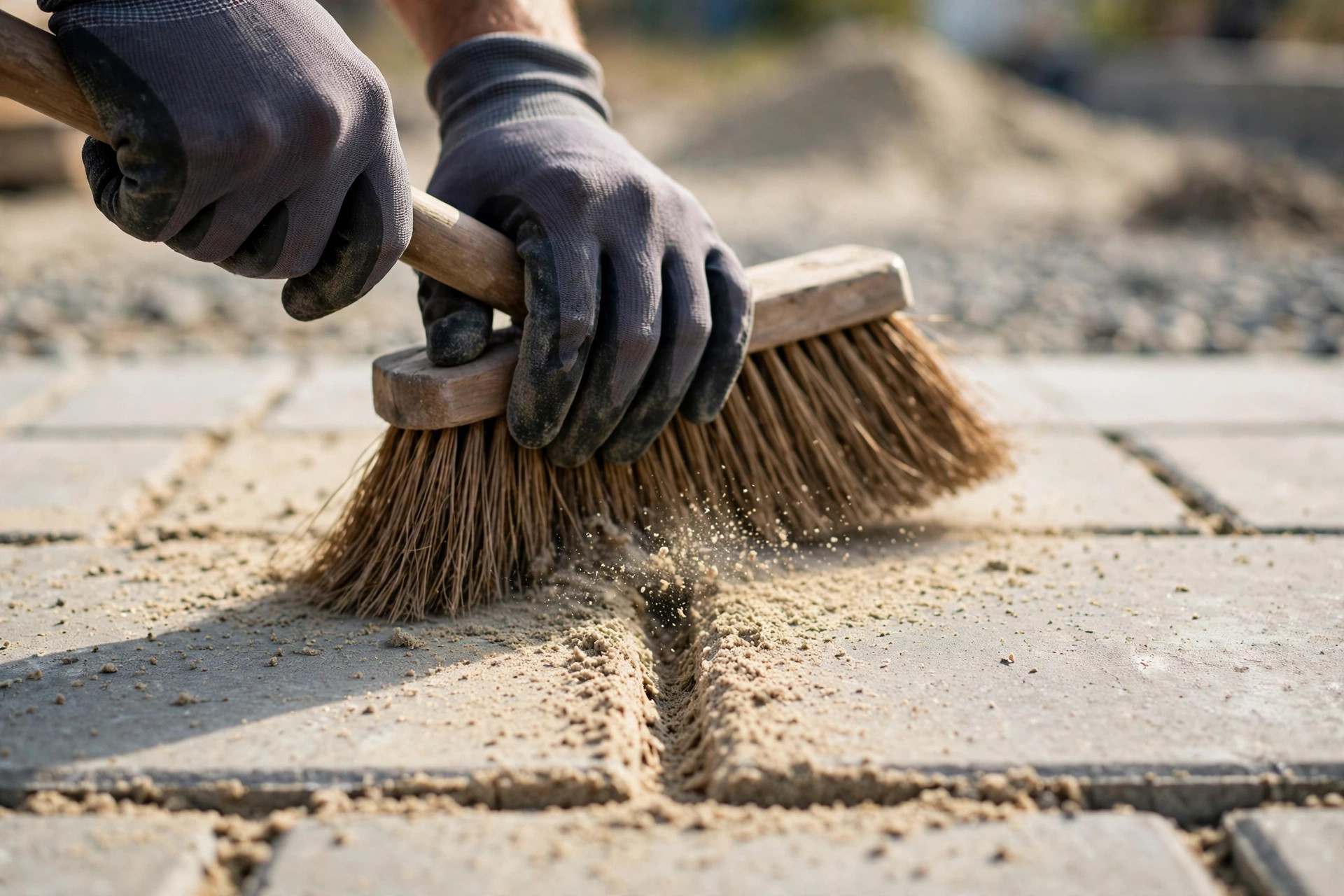 A worker sweeping joint sand into the gaps between newly laid pavers with a push broom